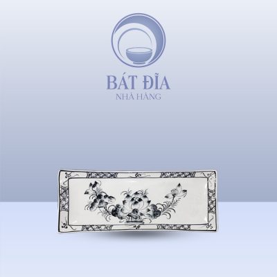Đĩa Chữ Nhật Dài Men Trắng Vẽ Hoa Sen Đen