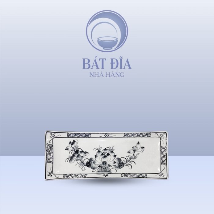 Đĩa Chữ Nhật Dài Men Trắng Vẽ Hoa Sen Đen