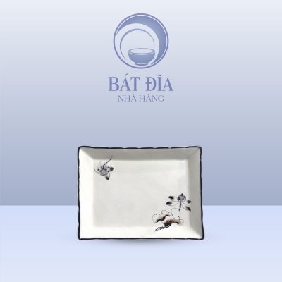 Đĩa Chữ Nhật Lượn Men Kem Vẽ Sen Nâu
