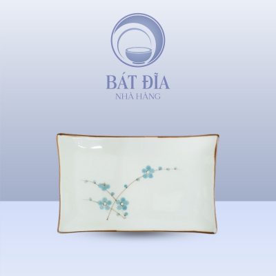Đĩa Chữ Nhật Men Kem Hoa Đào Xanh