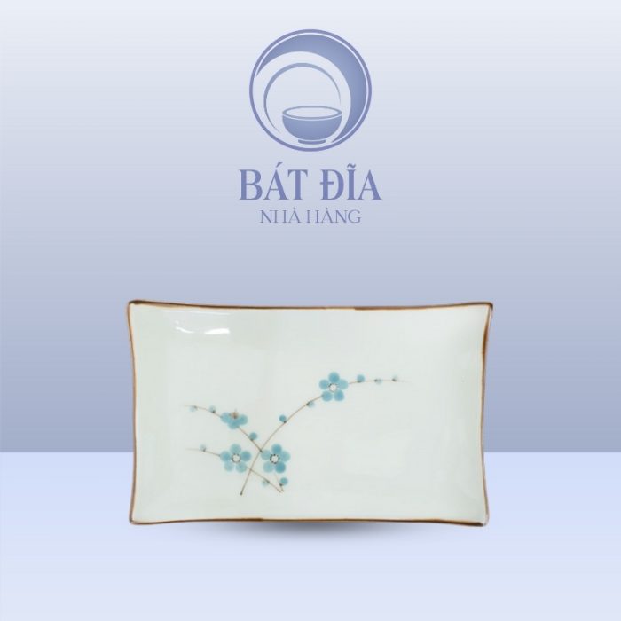 Đĩa Chữ Nhật Men Kem Hoa Đào Xanh