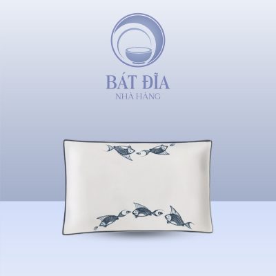 Đĩa Chữ Nhật Men Kem Vẽ Cá Xanh