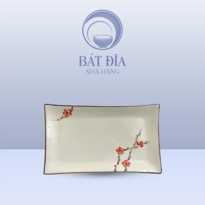 Đĩa Chữ Nhật Men Kem Vẽ Đào Đỏ