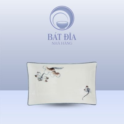 Đĩa Chữ Nhật Men Kem Vẽ Sen Nâu