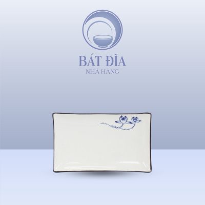 Đĩa Chữ Nhật Men Trắng Vẽ Sen Lam