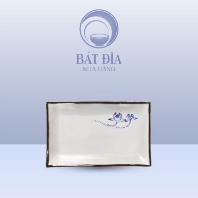 Đĩa Chữ Nhật Sâu Lòng Men Trắng Vẽ Sen Lam