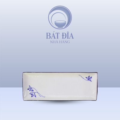 Đĩa Dài Men Trắng Vẽ Sen Lam