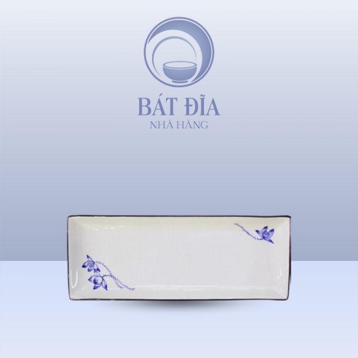 Đĩa Dài Men Trắng Vẽ Sen Lam