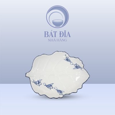 Đĩa Lá Bỏng Men Kem Vẽ Cá Xanh