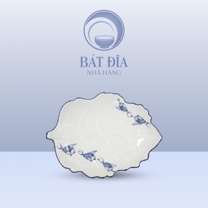 Đĩa Lá Bỏng Men Kem Vẽ Cá Xanh