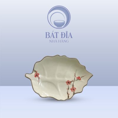 Đĩa Lá Bỏng Men Kem Vẽ Đào Đỏ