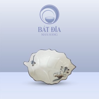Đĩa Lá Bỏng Men Kem Vẽ Sen Nâu