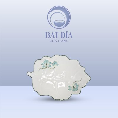 Đĩa Lá Bỏng Men Kem Vẽ Sen Xanh
