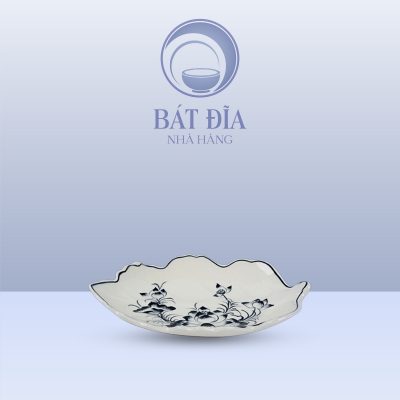 Đĩa Lá Bỏng Men Trắng Vẽ Hoa Sen Đen