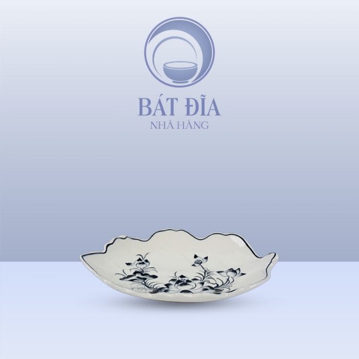 Đĩa Lá Bỏng Men Trắng Vẽ Hoa Sen Đen