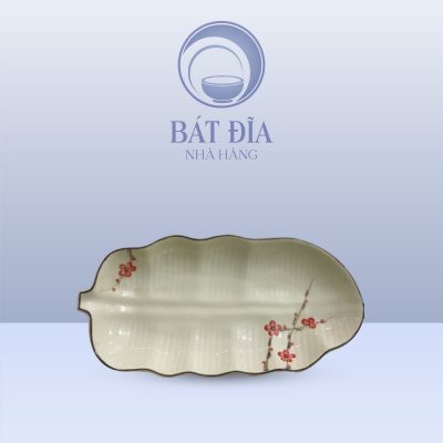 Đĩa Lá Chuối Men Kem Vẽ Đào Đỏ