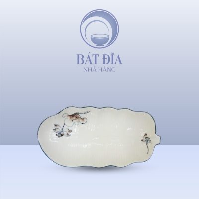 Đĩa Lá Chuối Men Kem Vẽ Sen Nâu