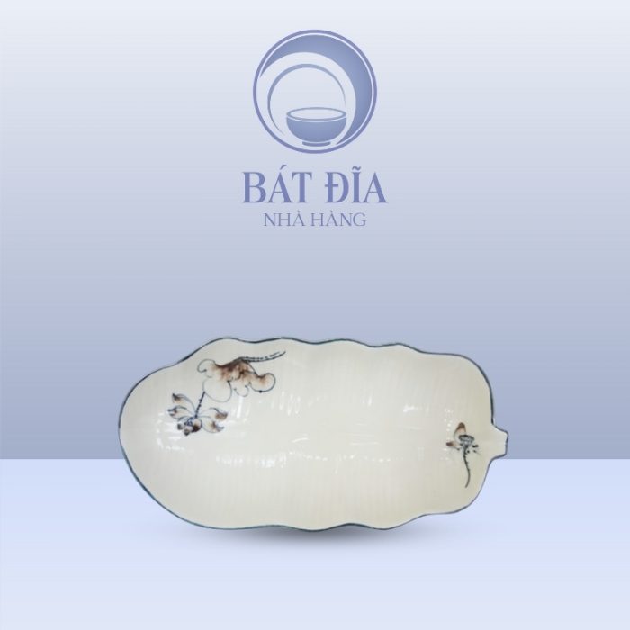 Đĩa Lá Chuối Men Kem Vẽ Sen Nâu