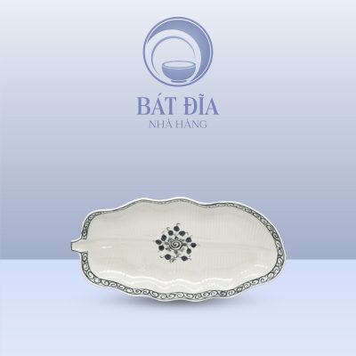 Đĩa Lá Chuối Men Trắng Vẽ Hoa Dây