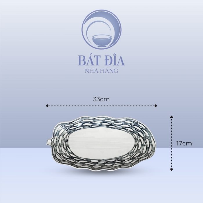 Đĩa Lá Chuối Men Trắng Vẽ Cá Đàn