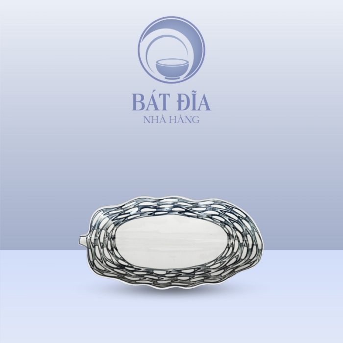 Đĩa Lá Chuối Men Trắng Vẽ Cá Đàn