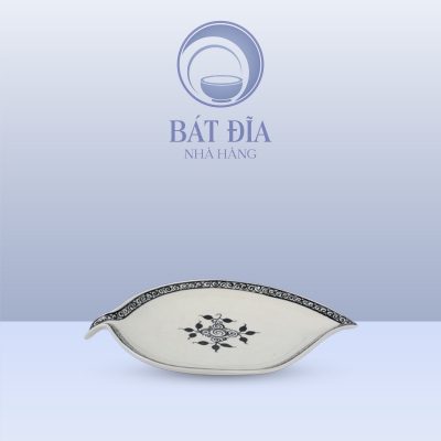 Đĩa Lá Cuống Men Trắng Vẽ Hoa Dây