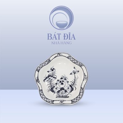 Đĩa Lá Đào Men Trắng Vẽ Hoa Sen Đen