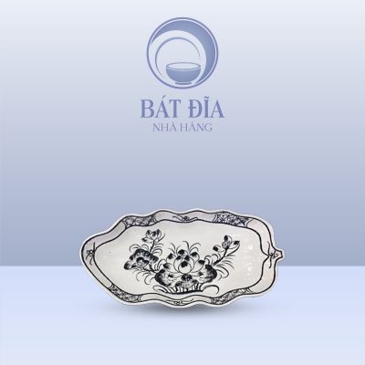 Đĩa Lá Chuối Men Trắng Vẽ Hoa Sen Đen