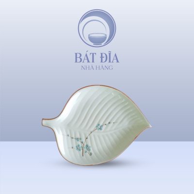 Đĩa Lá Đề Men Kem Hoa Đào Xanh