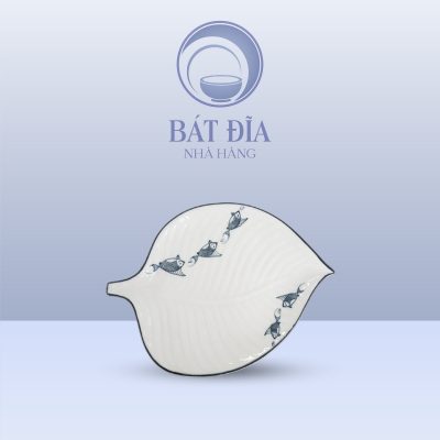 Đĩa Lá Đề Men Kem Vẽ Cá Xanh
