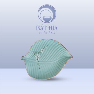 Đĩa Lá Đề Men Lam Hoa Đào Trắng