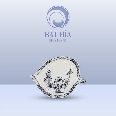 Đĩa Lá Đề Men Trắng Vẽ Hoa Sen Đen