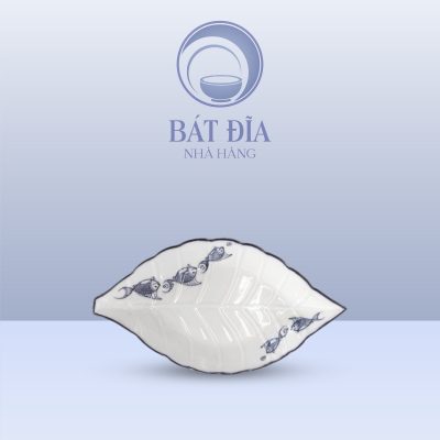 Đĩa Lá Gân Men Kem Vẽ Cá Xanh