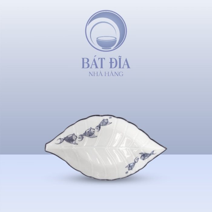 Đĩa Lá Gân Men Kem Vẽ Cá Xanh
