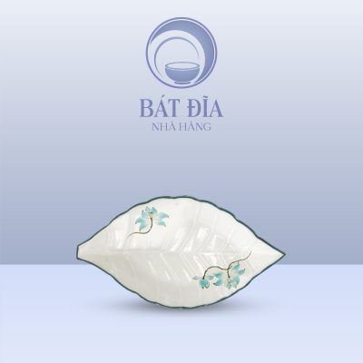 Đĩa Lá Gân Men Kem Vẽ Sen Xanh