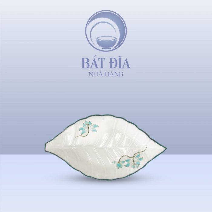 Đĩa Lá Gân Men Kem Vẽ Sen Xanh