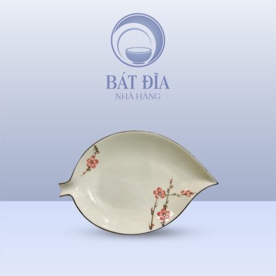 Đĩa Lá Soài Men Kem Vẽ Đào Đỏ