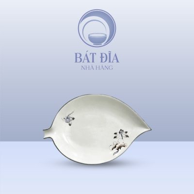 Đĩa Lá Xoài Men Kem Vẽ Sen Nâu