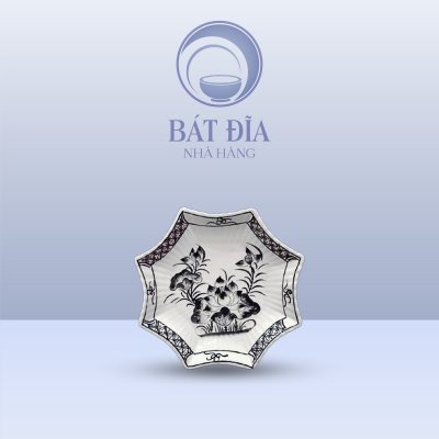 Đĩa Sao Men Trắng Vẽ Hoa Sen Đen