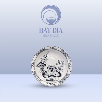 Đĩa Sâu Lòng Men Trắng Vẽ Hoa Sen Đen