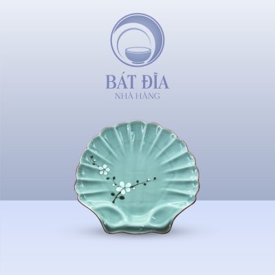 Đĩa Sò Men Lam Hoa Đào Trắng