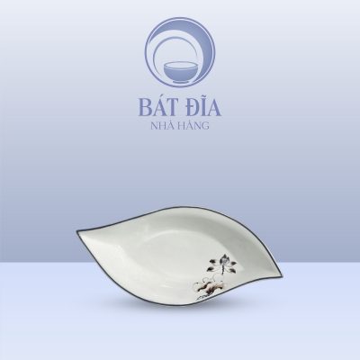 Đĩa Thuyền Men Kem Vẽ Sen Nâu