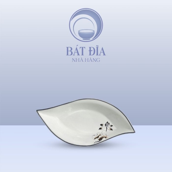 Đĩa Thuyền Men Kem Vẽ Sen Nâu