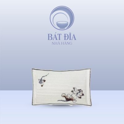 Đĩa Thuyền Men Kem Vẽ Sen Nâu