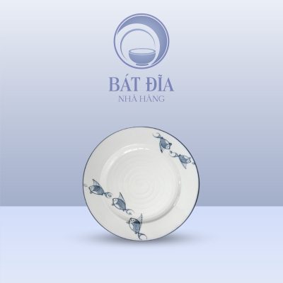 Đĩa Tròn 2 Lá Men Kem Vẽ Cá Xanh