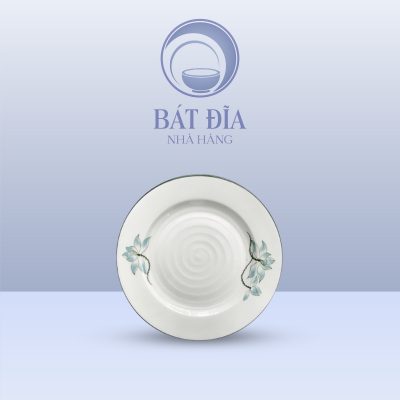 Đĩa Tròn 2 Lá Men Kem Vẽ Sen Xanh
