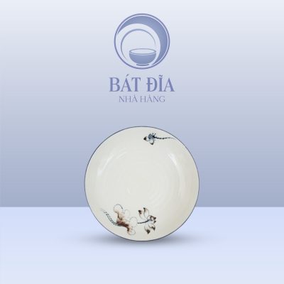 Đĩa Tròn Men Kem Vẽ Sen Nâu