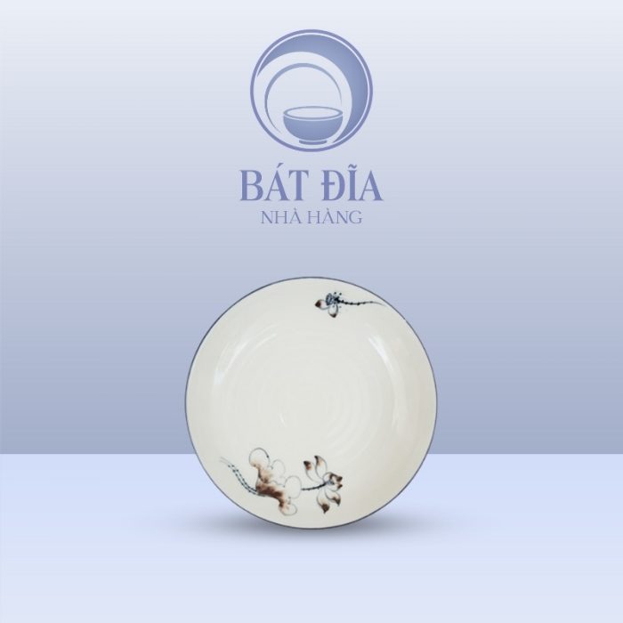 Đĩa Tròn Men Kem Vẽ Sen Nâu
