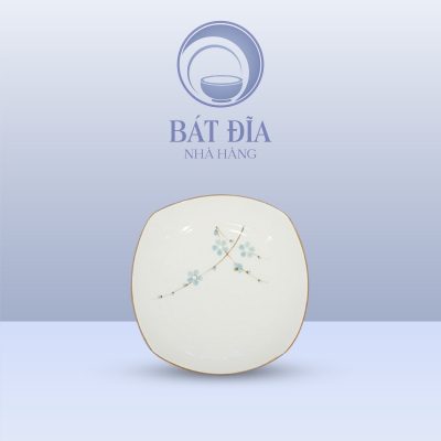 Đĩa Vuông Ảo Men Kem Hoa Đào Xanh
