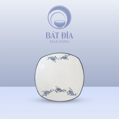 Đĩa Vuông Ảo Men Kem Vẽ Cá Xanh